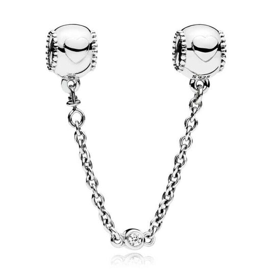 Embossed Hearts Safety Chain Charm Hallmarked S925 Sterling Silver