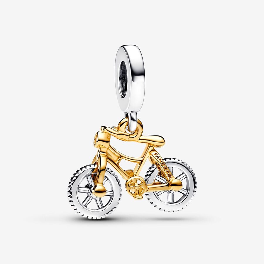 Two-tone Spinning Wheels Bicycle Dangle Charm Hallmarked S925 Sterling Silver