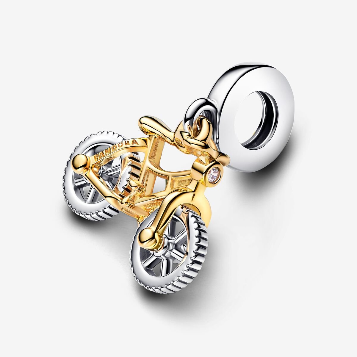 Two-tone Spinning Wheels Bicycle Dangle Charm Hallmarked S925 Sterling Silver