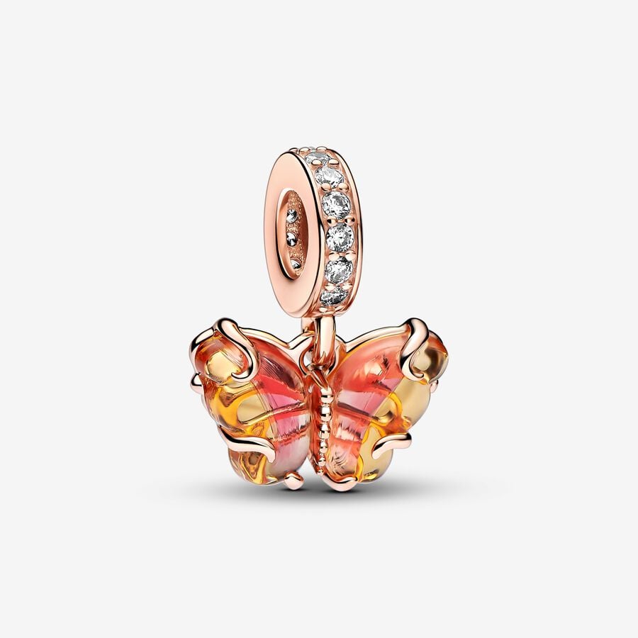 Pink & Yellow Murano Glass Butterfly Dangle Charm Hallmarked S925 Sterling Silver