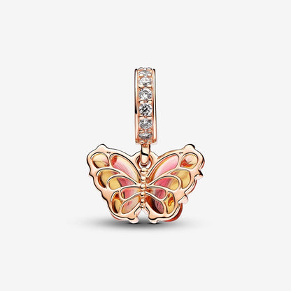 Pink & Yellow Murano Glass Butterfly Dangle Charm Hallmarked S925 Sterling Silver