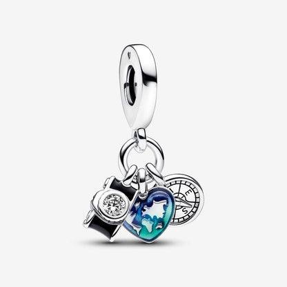 Camera, Heart & Compass Triple Dangle Charm Hallmarked S925 Sterling Silver