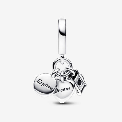 Camera, Heart & Compass Triple Dangle Charm Hallmarked S925 Sterling Silver