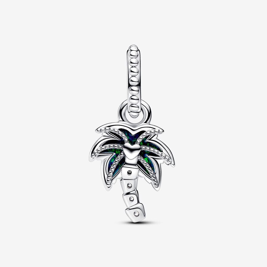 Opalescent Green Palm Tree Dangle Charm Hallmarked S925 Sterling Silver