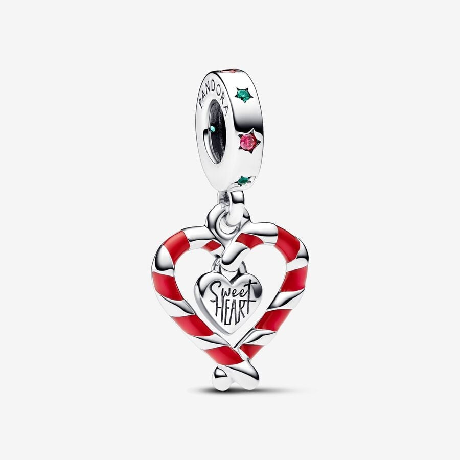 Double Candy Cane Heart Christmas Dangle Charm Hallmarked S925 Sterling Silver