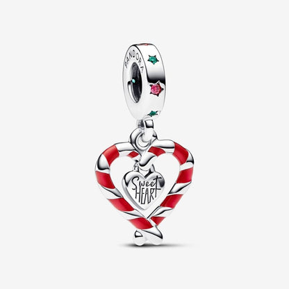 Double Candy Cane Heart Christmas Dangle Charm Hallmarked S925 Sterling Silver