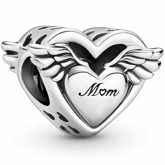 Mom Angel Wings Heart Charm Hallmarked S925 Sterling Silver