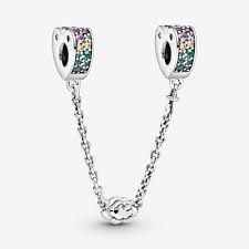 Rainbow Pave Heart Safety Chain Charm Hallmarked S925 Sterling Silver