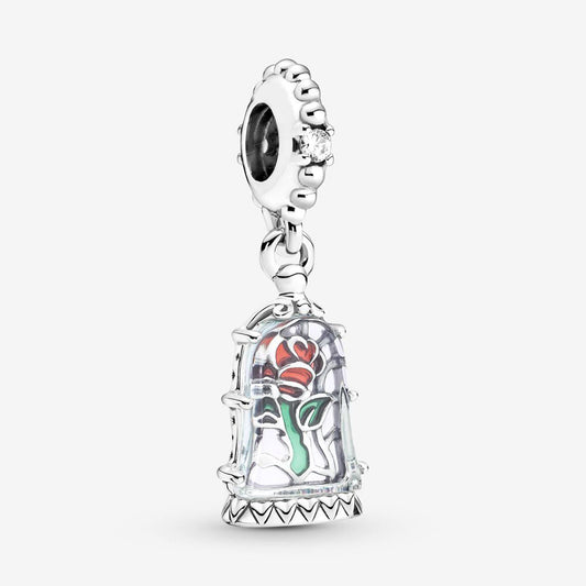 Disney Beauty & Beast Enchanted Rose Dangle Charm Hallmarked S925 Sterling Silver