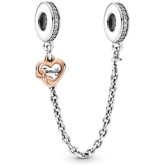 Family Heart Safety Chain Charm Hallmarked S925 Sterling Silver