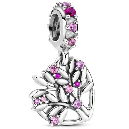 S925 Family Pink Heart Tree Family Roots Sterling Silver Charm Collect