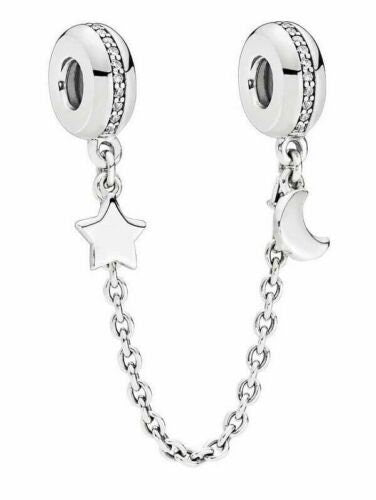 Half Moon & Star Safety Chain Charm Hallmarked S925 Sterling Silver