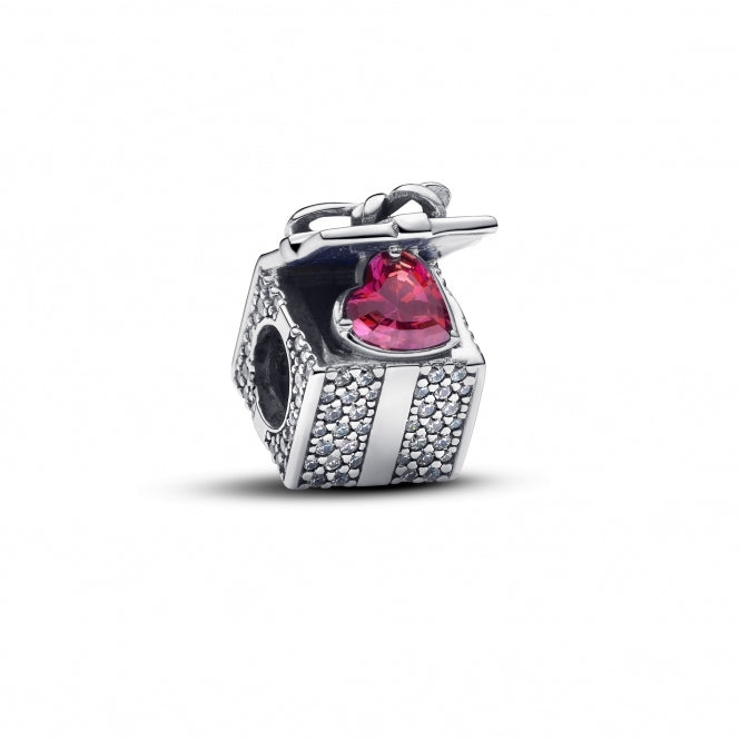 Sparkling Red Heart Gift Box Charm Hallmarked S925 Sterling Silver