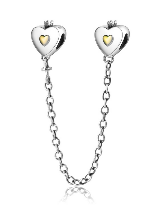 Heart Crown Safety Chain Charm Hallmarked S925 Sterling Silver