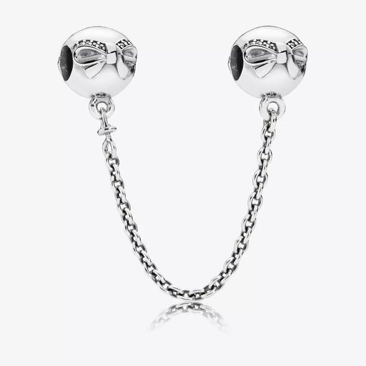 Bow Safety Chain Charm Hallmarked S925 Sterling Silver