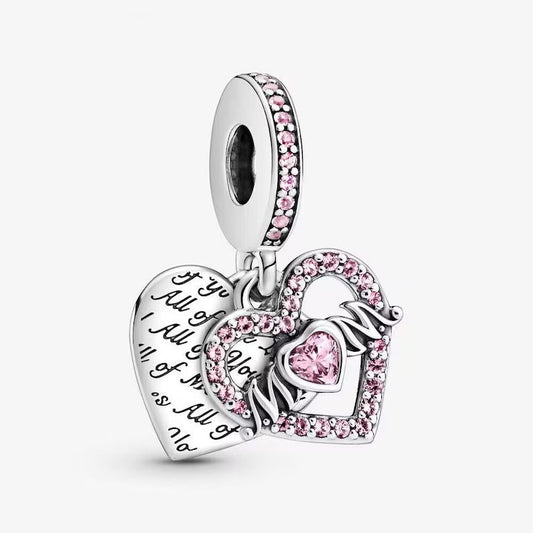 Pink Heart & Mum Dangle Charm Hallmarked S925 Sterling Silver